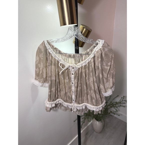 Free People Tops - Free People Floral Mesh Puff Sleeve Crop Top Taupe Beige XS Bohemian Peasant